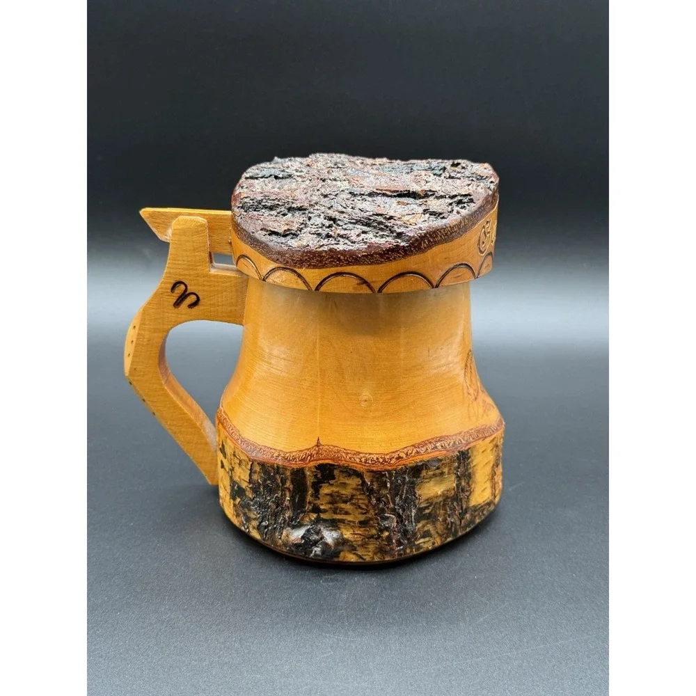 Vintage German Wooden Beer Stein Style Lidded Trinket Box Bark Rustic Bavaria